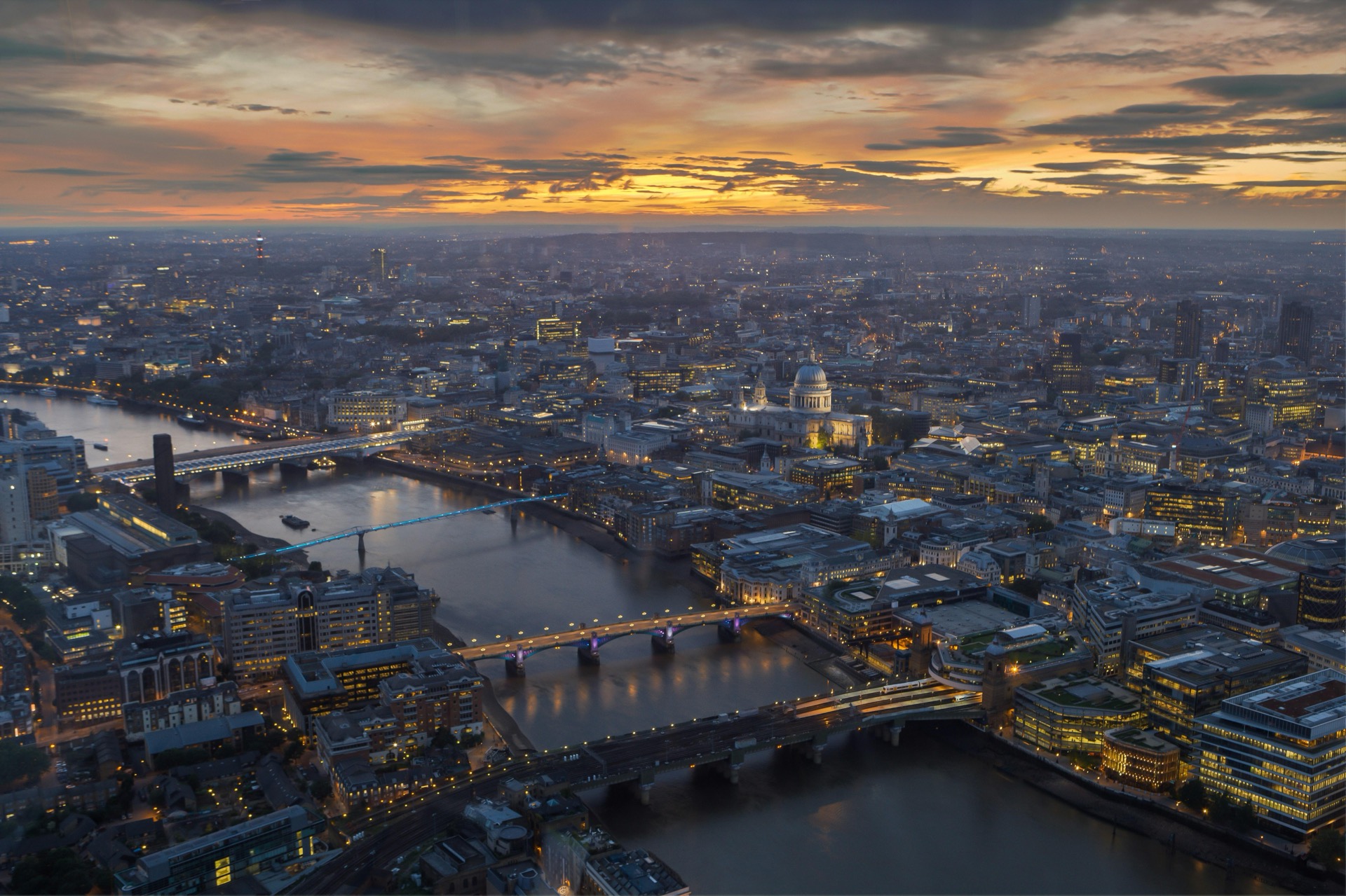 Aerial view of London at dusk